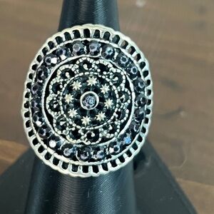 Silver-Tone Round Filigree Crystal Accent Ring - Black Crystals
